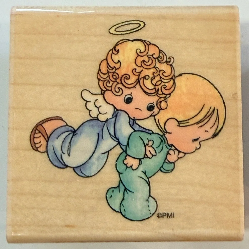 Precious Moments Rubber‎ Stamp Set Cherub Angel Moon Star Wood Tan Rubber